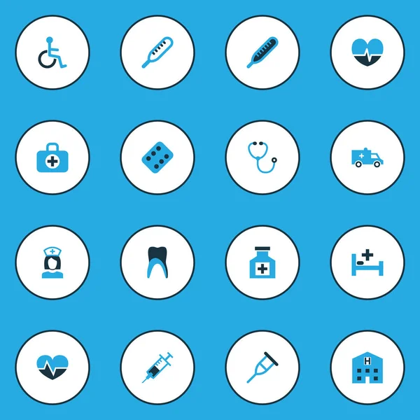 Geneeskunde kleurrijke Icons Set. Collectie van zorg, Thermometer, gehandicapte elementen. Ook bevat symbolen zoals dienaar, hart, uitgeschakeld. — Stockvector