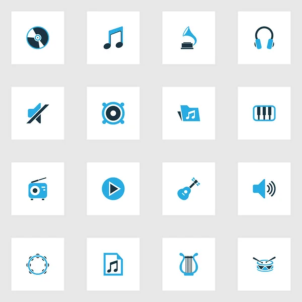 Zestaw multimedialny kolorowe ikony. Kolekcja listy odtwarzania, Uwaga, niemy i innych elementów. Również zawiera symbole, takie jak Timbrel, Play, Instrument. — Wektor stockowy