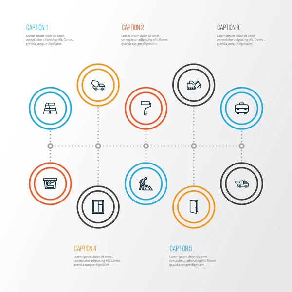 산업 개요 아이콘 설정합니다. 벽 화가, 도구 상자, 콘크리트 믹서 및 기타 요소의 컬렉션입니다. 또한 포함 하는 경우, 팁, 페인트 등의 기호. — 스톡 벡터