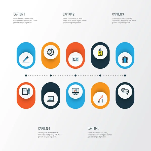 Trade Colorful Outline Icons Set. Collection Of Agreement, Pie Chart, Pencil And Other Elements. Also Includes Symbols Such As Identification, Unity, Team. — Stock Vector