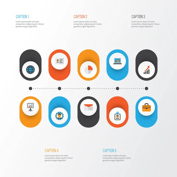 Juego de iconos planos de trabajo. Colección de maleta, diagrama, tablero de presentación y otros elementos. También incluye símbolos tales como engranajes, estadísticas, presentación . — Vector de stock