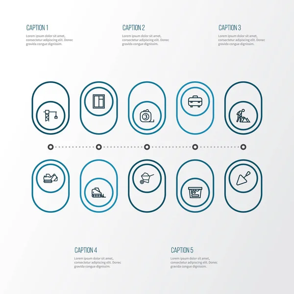 Conjunto de iconos de esquema de arquitectura. Colección de grúa torre, obras de construcción, lata de color y otros elementos. También incluye símbolos tales como tractor, regla, mantenimiento . — Vector de stock