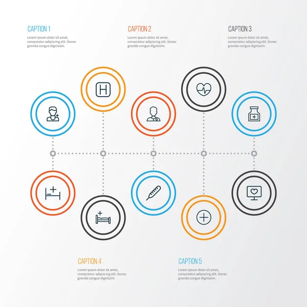 Ensemble d'icônes de contour de drogue. Collection de Docteur, Hôpital, Température et autres éléments. Comprend également des symboles tels que thermomètre, médical, lit . — Image vectorielle