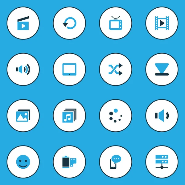 Conjunto de ícones coloridos de mídia. Coleção de Sorriso, Filme, Randomize Elements. Também inclui símbolos como seta, aleatorizar, imagem . — Vetor de Stock
