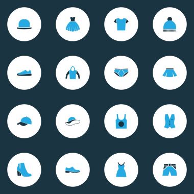 Giysi renkli simgeler kümesi. Beanie, kadın ayakkabı, elbise ve diğer öğeleri koleksiyonu. Singlet, giyim, Kayak gibi semboller de içerir.