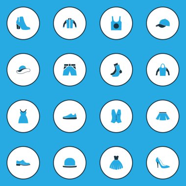 Giysi renkli simgeler kümesi. Kadın çizme, erkek ayakkabı, Panama ve diğer öğeleri koleksiyonu. Ayrıca tunik, yelek, Ayakkabı gibi simgeler içerir.