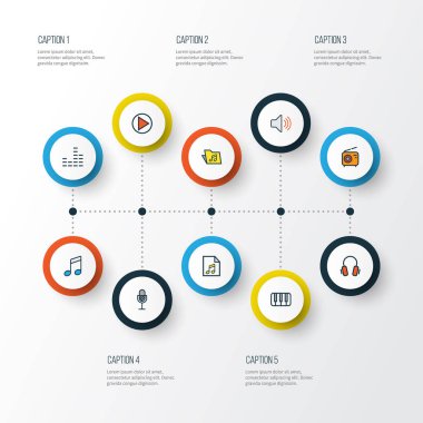 Multimedya renkli anahat simgelerini belirlemek. Set, amplifikatör, şablonu ve diğer öğeleri koleksiyonu. Ayrıca başlangıç, piyano, oyun gibi simgeler içerir.