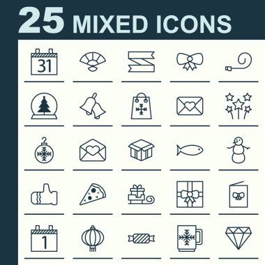 Tatil Icons Set. Koleksiyon parlak, açık karton, boş şerit ve diğer öğeler. Ayrıca Fan, el, gündem gibi simgeler içerir.