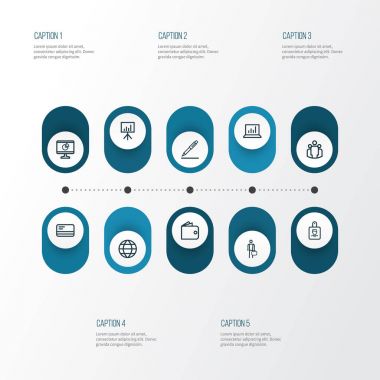 Ticaret anahat simgeler kümesi. Banka kartı, kimlik, beyaz tahta ve diğer öğeleri koleksiyonu. Ayrıca rozet, iş kartı gibi simgeler içerir.