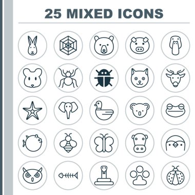 Doğa Icons Set. Ördek, kurbağa, güve ve diğer öğeleri koleksiyonu. Kine, ayı, örümcek ağı gibi Ayrıca sembolleri içerir.