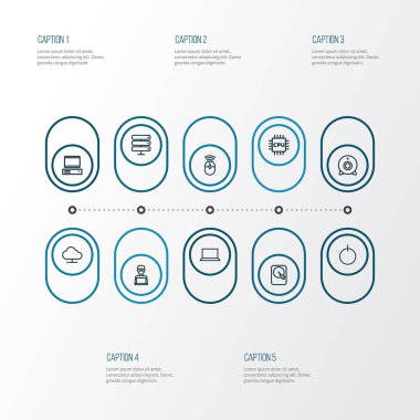 Bilgisayar anahat simgelerini belirlemek. Bellek, Sabit Disk, periferik ve diğer öğeleri koleksiyonu. Ayrıca fare, Laptop, Datacenter gibi simgeler içerir.