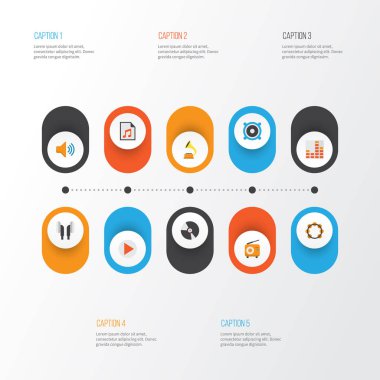 Multimedya düz simgeler kümesi. Düğme, Dj, kulaklık ve diğer öğeleri koleksiyonu. Ayrıca Samba, kontrol, düğme gibi simgeler içerir.