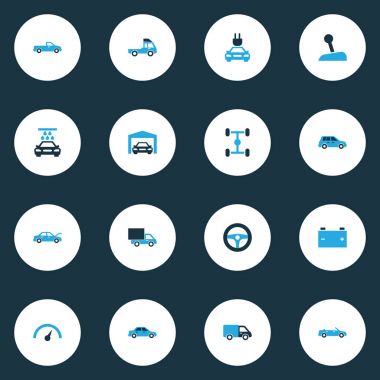 Otomatik renkli simgeler kümesi. Araç yıkama, otomatik Hood, pikap ve diğer öğeleri koleksiyonu. Ayrıca tak, hız göstergesi, Van gibi simgeler içerir.