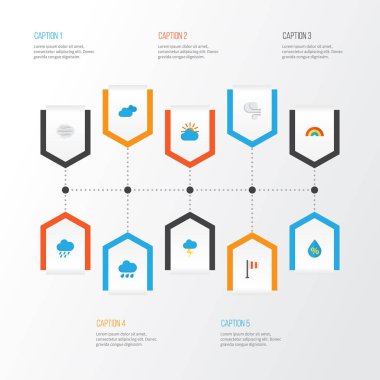 Hava düz simgeler kümesi. Güneşli topluluğu, yay, fırtına ve diğer öğeleri. Bulutlar, Hail, damla gibi semboller de içerir.