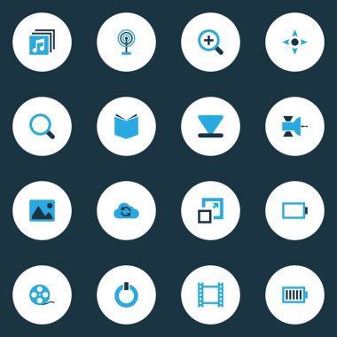 Multimedya renkli simgeler kümesi. Alt, toplama, güç ve diğer öğelere Zoom. Ayrıca film şeridi, albümleri, Video gibi simgeler içerir.