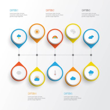 İklim düz simgeler kümesi. Fırtına, bulutlu, güneş ve diğer öğeleri koleksiyonu. Ayrıca Flash, yıldırım, güneşli gibi simgeler içerir.