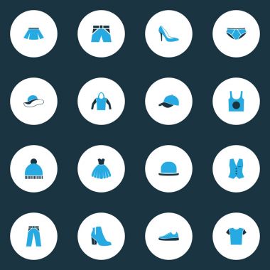 Renkli simgeler kümesi elbise. Etek, bere, kadın çizme ve diğer öğeleri koleksiyonu. Ayrıca külot, gömlek, topuklar gibi simgeler içerir.