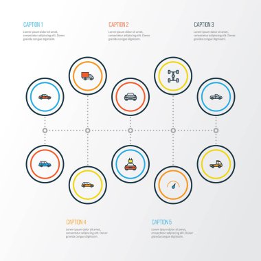 Otomobil renkli anahat simgelerini belirlemek. Elektrik, makine, hız ve diğer öğeleri koleksiyonu. SUV, elektrik, Van gibi semboller de içerir.