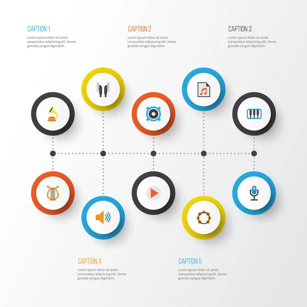 Ensemble d'icônes plates de musique. Collection d'audio, de boutons, de médias et d'autres éléments. Comprend également des symboles tels que le jeu, le volume, le micro . — Image vectorielle
