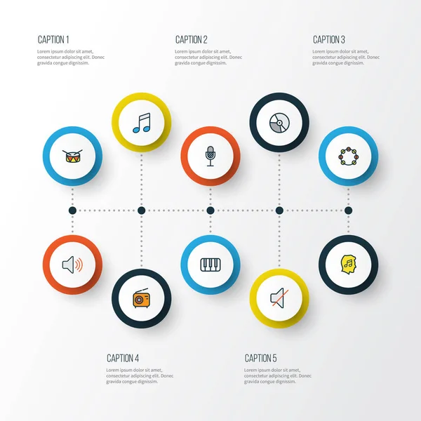 音乐多彩大纲图标集。键、 铃鼓、 静音和其他元素的集合。此外包括放大器、 音乐、 手鼓等符号. — 图库矢量图片