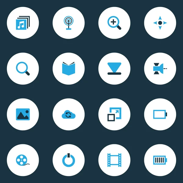 Multimedia bunte Symbole gesetzt. Sammlung von Boden, Zoomen, Leistung und anderen Elementen. umfasst auch Symbole wie Filmstreifen, Alben, Videos. — Stockvektor