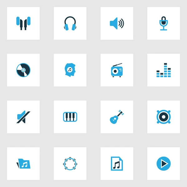 Muziek kleurrijke Icons Set. Collectie van Volume, Piano, gitaar en andere elementen. Ook symbolen zoals Mute, map, spreker. — Stockvector