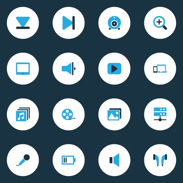 Multimedia kleurrijke Icons Set. Collectie van uitzending, afwerking, Bullhorn en andere elementen. Ook symbolen zoals Zoom, knop, Mike. — Stockvector