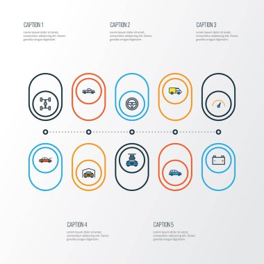 Araba renkli anahat simgelerini belirlemek. Kaporta, dümen, parça ve diğer öğeleri koleksiyonu. Ayrıca akümülatör, parça, otomatik gibi simgeler içerir.
