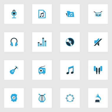 Müzik renkli simgeler kümesi. Radyo, klasör, sessiz ve diğer öğeleri koleksiyonu. Ayrıca Harp, varil, Meloman gibi simgeler içerir.