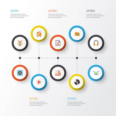 Müzik düz simgeler kümesi. Yayın, Sonata, kontrolcü ve diğer öğeleri koleksiyonu. Ayrıca Sonata, radyo, Harp gibi simgeler içerir.