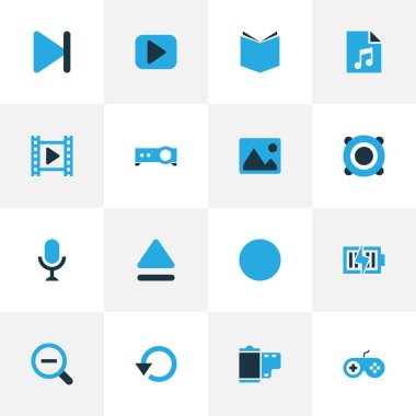 Multimedya renkli simgeler kümesi. Top, Karaoke, enerji ve diğer öğeleri koleksiyonu. Begin, slayt gösterisi, Mike gibi semboller de içerir.