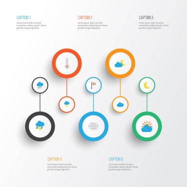 Hava düz simgeler kümesi. Moon, flaş, rüzgarlı ve diğer öğeleri koleksiyonu. Ayrıca Flash, yağmur, güneş gibi simgeler içerir.