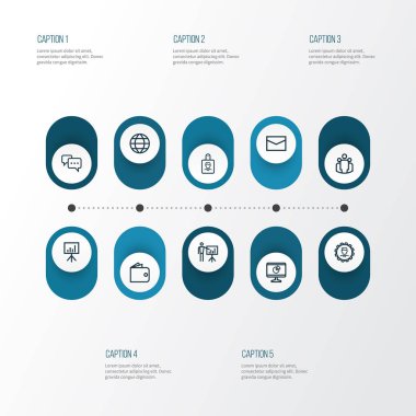 İş anahat simgelerini belirlemek. Posta, konuşma, iş sunumu ve diğer öğeleri koleksiyonu. Ayrıca çanta, konuşma, istatistik gibi simgeler içerir.