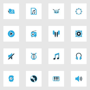 Ses renkli simgeler kümesi. Vinil, davul, çalma listesi ve diğer öğeleri koleksiyonu. Ayrıca araç, Octave, kulaklık gibi simgeler içerir.