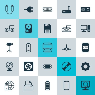 Bilgisayar simgeleri ayarlayın. Bilgisayarda tuş takımı, video kamera, ağ yapısı ve diğer öğeleri koleksiyonu. Ayrıca Usb, Film, akümülatör gibi simgeler içerir.