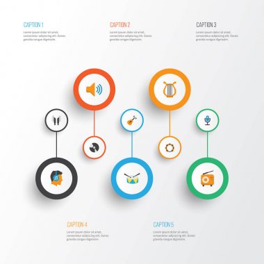 Müzik düz simgeler kümesi. Yayın, erkek, kulaklık ve diğer öğeleri koleksiyonu. Ayrıca perküsyon, ARP, kulaklık gibi simgeler içerir.