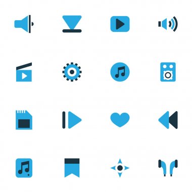 Multimedya renkli simgeler kümesi. Multimedya, megafon, megafon ve diğer öğeleri koleksiyonu. Ayrıca sembolleri gibi yukarı doğru yavaş, dişli içerir.
