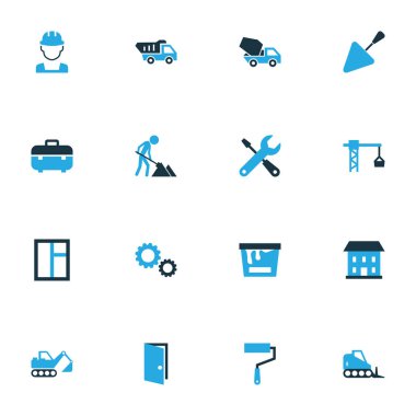 Mimari renkli simgeler kümesi. Bakım, boya silindiri, boya ve diğer öğeleri koleksiyonu. Ayrıca kanca, İngiliz anahtarı, beton gibi simgeler içerir.