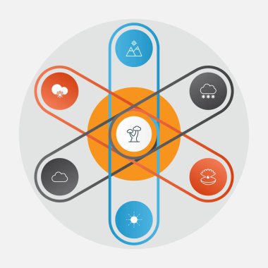 Doğa Icons Set. Meşe, bulut, güneş ve diğer öğeleri koleksiyonu. Ayrıca dağlar, bulutlu, meşe gibi simgeler içerir.