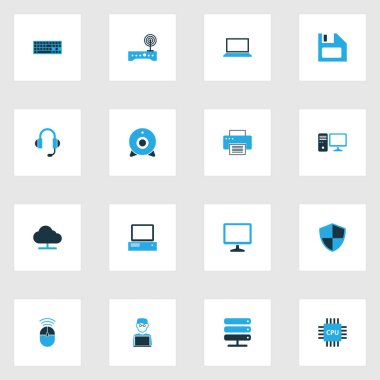 Donanım renkli simgeler kümesi. Kulaklık, dizüstü bilgisayar, depolama ve diğer öğeleri koleksiyonu. Mikroişlemci, kişisel, veritabanı gibi semboller de içerir.