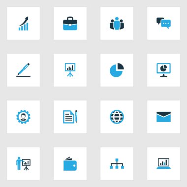 Ticaret renkli simgeler kümesi. Grafik, Portföy, iletişim ve diğer öğeleri büyüyen koleksiyonu. Ayrıca istatistikler, sunum, dünya gibi simgeler içerir.