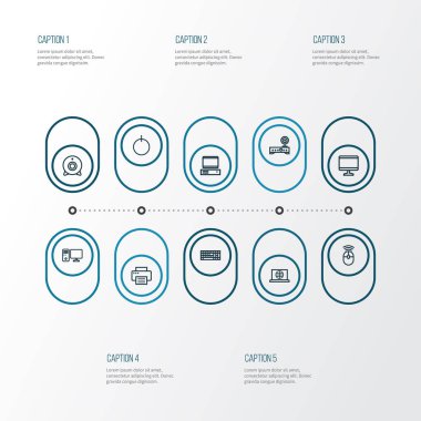 Bilgisayar anahat simgelerini belirlemek. Bir yazıcı, görüntüleme, Modem ve diğer öğeleri koleksiyonu. Ayrıca kamera, tuş takımı, güç gibi simgeler içerir.