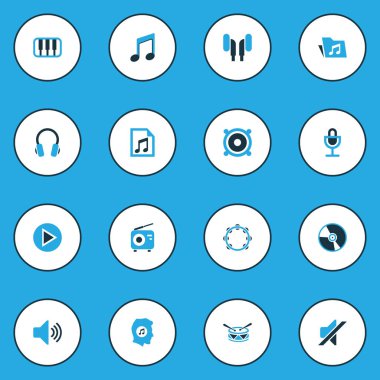 Multimedya renkli simgeler kümesi. Oyun, hoparlör, Not ve diğer öğeleri koleksiyonu. Ayrıca Timbrel, sessiz, ses gibi simgeler içerir.