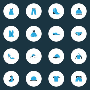 Elbise renkli simgeler kümesi. Beanie, şık şapkalar, gece elbisesi ve diğer öğeleri koleksiyonu. Ayrıca pantolon, rüzgarlık, şapka gibi simgeler içerir.