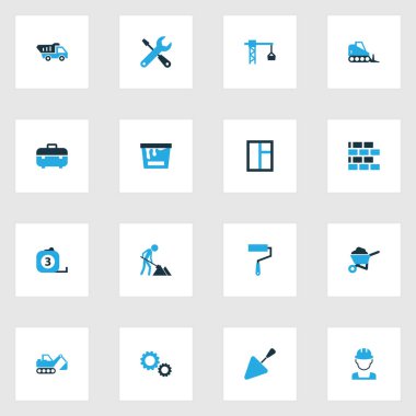 İnşaat renkli simgeler kümesi. Cam, boya, duvar ve diğer öğeleri koleksiyonu. Ayrıca mala, ipucu, kürek gibi simgeler içerir.