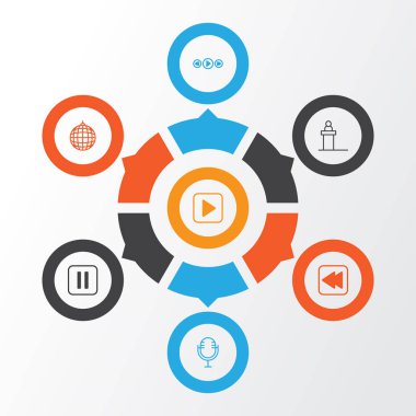 Müzik simgeler kümesi. Geri, geri sarma topluluğu şarkı, sessiz şarkı ve diğer öğeleri Başlat. Ayrıca topu, Disco, düğme gibi simgeler içerir.