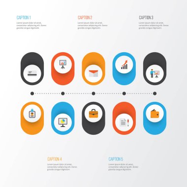 İş düz simgeler kümesi. Cüzdan, zarf, ödeme ve diğer öğeleri koleksiyonu. Ayrıca kimlik, sözleşme, Analytics gibi simgeler içerir.