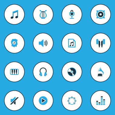 Multimedya renkli simgeler kümesi. Not, sessiz, gramofon ve diğer öğeleri koleksiyonu. De gramofon, vinil, çalma listesi gibi simgeler içerir.
