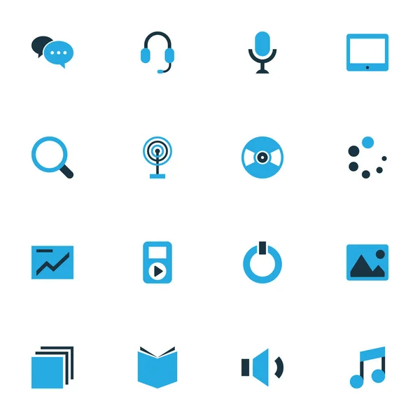 Media kleurrijke Icons Set. Verzameling grafiek, draaitafel, macht en andere elementen. Ook symbolen zoals boek, draaitafel, Instrument. — Stockvector