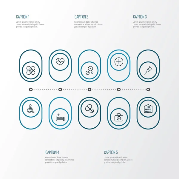 Uyuşturucu anahat simgelerini belirlemek. Yatak, özürlü, Tablet ve diğer öğeleri koleksiyonu. Ayrıca tıp, Bina, adam gibi simgeler içerir.